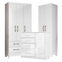 Guarda Roupa Infantil Lima com Cômoda Vênus e Armário Multiuso New Íris Branco Brilho Moval