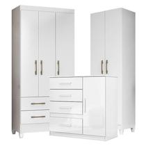 Guarda Roupa Infantil Lima com Cômoda Vênus e Armário Multiuso New Íris Branco Brilho Moval