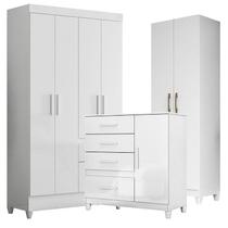 Guarda Roupa Infantil Madri com Cômoda Vênus com pés e Armário Multiuso New Íris Branco Brilho Moval