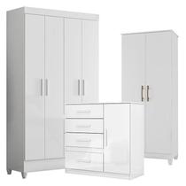Guarda Roupa Infantil Madri com Cômoda Vênus e Armário Multiuso Jade Branco Brilho Moval