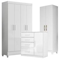 Guarda Roupa Infantil Madri com Cômoda Vênus e Armário Multiuso New Íris Branco Brilho Moval