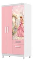 Guarda Roupa Infantil Princesa 3 Portas 2 Gavetas MDF Rosa Quarto Menina Roupeiro com Cabideiro Corrediça Telescópica Armário Infantil Moderno