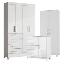 Guarda Roupa Infantil Sobral com Cômoda Vênus com pés e Armário Multiuso Jade Branco Brilho Moval