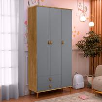 Guarda Roupa Jujuba 3 Portas e 2 Gavetas em Mdf Cinza / Nature