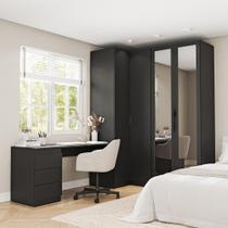 Guarda Roupa Modulado de Canto 3 Peças 4 Portas com 2 Portas Reflecta e Escrivaninha Hera CabeCasa MadeiraMadeira Preto Guarda Roupa Modulado de Canto 3 Peças 4 Portas com 2 Portas Reflecta e Escrivaninha Hera CabeCasa MadeiraMadeira Preto