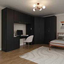 Guarda Roupa Modulado de Canto 9 Portas 5 Peças com Escrivaninha Hera CabeCasa MadeiraMadeira Preto/Cromado Guarda Roupa Modulado de Canto 9 Portas 5 Peças com Escrivaninha Hera CabeCasa MadeiraMadeira Preto/Cromado