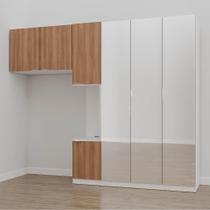 Guarda-Roupa Modulado Solteiro 7 Portas com Espelho e Mesa de Cabeceira Hera CabeCasa MadeiraMadeira Branco Geada/Louro/Cromado