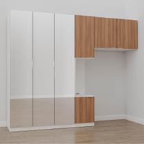 Guarda-Roupa Modulado Solteiro 7 Portas com Espelho e Mesa de Cabeceira Hera CabeCasa MadeiraMadeira Branco Geada/Louro/Cromado