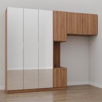 Guarda-Roupa Modulado Solteiro 7 Portas Espelho e Mesa de Cabeceira Hera CabeCasa MadeiraOriginals Marrom/Louro/Cromado