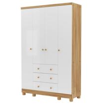Guarda-Roupa Peroba Junior 4 Portas 3 Gavetas Branco Amêndoa
