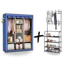 Guarda-Roupa Portátil Dobrável com Prateleiras Reforçadas e Zíper para Quarto e Closet + Rack Sapateira Cabideiro Multif