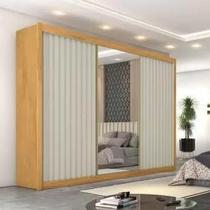 Guarda Roupa Ripado com 3 Portas de Correr e Espelho Central - Éden-Peroba/Off White - Móveis Europa Guarda Roupa Ripado com 3 Portas de Correr e Espelho Central - Éden-Peroba/Off White - Móveis Europa