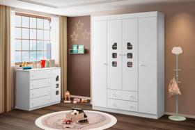Guarda Roupa Roupeiro 4 Portas e Cômoda Aquarela 100% MDF Branco para Quarto Infantil Guarda Roupa Roupeiro 4 Portas e Cômoda Aquarela 100% MDF Branco para Quarto Infantil