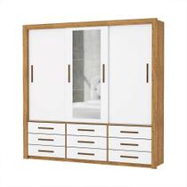 Guarda Roupa Roupeiro Anjos 3 Portas de Correr com Espelho Central 9 Gavetas Carioca Cinamomo Branco