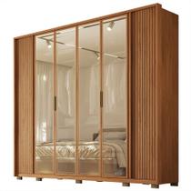 Guarda Roupa Roupeiro Casal 265cm 6 Portas 6 Gavetas Ripado Vidro Reflecta Dourado MDF Derry Freijó G11 - Gran Belo