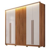 Guarda Roupa Roupeiro Casal 268cm 6 Portas 4 Gavetas Espaço para Vestidos Fita LED MDF Elvas Freijó G11 - Gran Belo