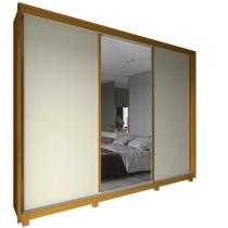 Guarda Roupa Roupeiro de Casal Gelius Platinum 100% MDF com 3 portas de correr espelho e pés Naturalle OFF White