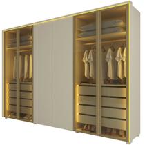 Guarda Roupa Roupeiro Gelius Splendor 6 portas com 4 portas reflecta 8 gavetas LED pés Naturale OFF White Dourado