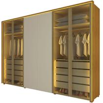 Guarda Roupa Roupeiro Gelius Splendor 6 portas com 4 portas reflecta 8 gavetas LED pés Naturale OFF White Dourado