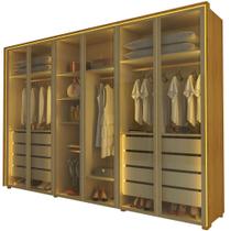Guarda Roupa Roupeiro Gelius Splendor 6 portas reflecta 8 gavetas LED pés Naturale OFF White Dourado