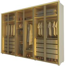 Guarda Roupa Roupeiro Gelius Splendor 6 portas reflecta 8 gavetas LED pés OFF White Dourado
