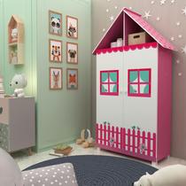 Guarda Roupa Roupeiro Infantil Casinha 2 Portas Com Pés Rosa com Branco - Rede Móveis