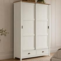 Guarda Roupa Solteiro 2 Portas de Correr 2 Gavetas 133cm Madeira Maciça Mazzaro F06 Branco Freijó - Lyam Decor