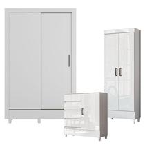Guarda Roupa Solteiro 2 portas de Correr com Pés Fit e Cômoda 1 Porta e 4 Gavetas e Armário Multiuso fit Branco Brilho - Santos Andirá Guarda Roupa Solteiro 2 portas de Correr com Pés Fit e Cômoda 1 Porta e 4 Gavetas e Armário Multiuso fit Branco Brilho - Santos Andirá