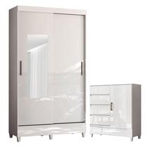 Guarda Roupa Solteiro 2 Portas de Correr e Espelho Fit com Cômoda 1 Porta e 4 Gavetas Fit Branco Brilho Santos Andirá
