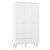Guarda Roupa Solteiro 3 Portas 2 Gavetas Retrô 120cm Pés Palito Branco