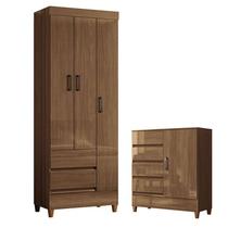 Guarda Roupa Solteiro 3 Portas com Pés Fit com Cômoda 1 Porta e 4 Gavetas Fit Jequetibá Acetinado Santos Andirá
