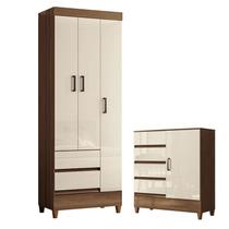 Guarda Roupa Solteiro 3 Portas com Pés Fit com Cômoda 1 Porta e 4 Gavetas Fit Jequetibá Off White Santos Andirá