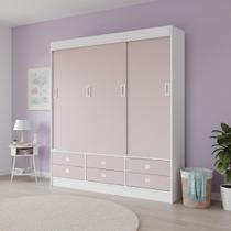 Guarda-Roupa Solteiro 3 Portas de Correr 6 Gavetas Rosa/Branco
