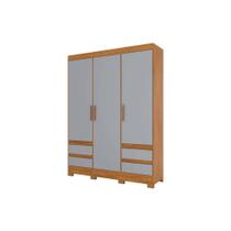 Guarda Roupa Solteiro 3 Portas e 4 Gavetas c/ Pés Briz Lema B55 Nature/Veludo Light Cinza Gelo - Henn