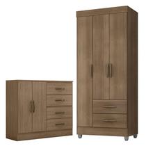 Guarda Roupa Solteiro 3 Portas e Cômoda 4 Gavetas e 2 Portas Lite Carvalho Oak Móveis Leão