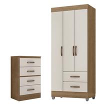 Guarda Roupa Solteiro 3 Portas e Cômoda 4 Gavetas Lite Nature Off White Móveis Leão