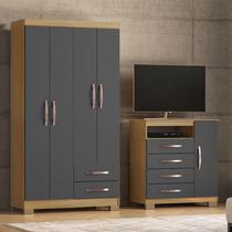 Guarda Roupa Solteiro 4 Portas 2 Gavetas Porto Belo Com Cômoda Sapateira 4 Gavetas 1 Porta Carvalho Grafite Clique Chique