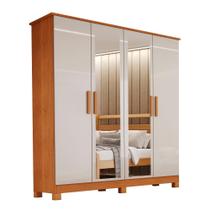 Guarda-Roupa Solteiro 4 Portas com Espelho 2 Gavetas Nina em MDF com Pés 140cm Naturalle/Off White - Bianchi Móveis