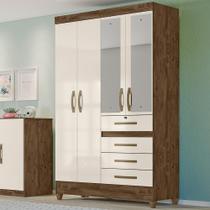 Guarda Roupa Solteiro 4 portas com espelho 4 gavetas Castanho Wood / Off White Sobral - Moval