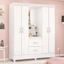 Guarda Roupa Solteiro 4 Portas Com Espelho e 2 Gavetas Loanda - Branco/Rosa/Branco Guarda Roupa Solteiro 4 Portas Com Espelho e 2 Gavetas Loanda - Branco/Rosa/Branco