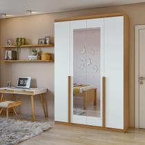 Guarda-Roupa Solteiro Alonzo 4 portas 2 Gavetas Com Espelho Amêndoa Clean/Branco - Móveis Lopas