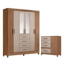 Guarda Roupa Solteiro Aruba com Espelho e Cômoda Vênus com Pés Carvalho Fendi Moval