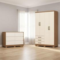 Guarda Roupa Solteiro Caju 4 Portas Ambiente e Cômoda Ravenna Nature Off White - Henn