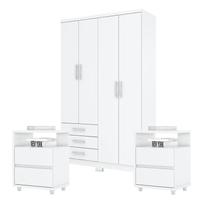 Guarda Roupa Solteiro Caju 4 Portas com Kit Mesa de Cabeceira Campeche Branco - Henn