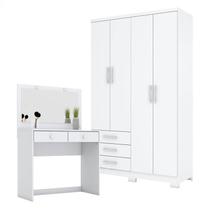 Guarda Roupa Solteiro Caju 4 Portas e Penteadeira Daila com Led Branco - Henn