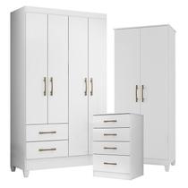 Guarda Roupa Solteiro Chile com Cômoda MS913 e Armário Multiuso Jade Branco Brilho Moval