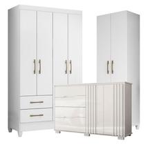 Guarda Roupa Solteiro Chile com Cômoda Texas e Armário Multiuso New Íris Branco Brilho Moval