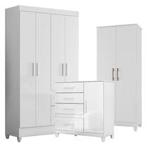 Guarda Roupa Solteiro Chile com Cômoda Vênus com pés e Armário Multiuso Jade Branco Brilho Moval