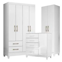 Guarda Roupa Solteiro Chile Com Cômoda Vênus Com Pés E Armário Multiuso New íris Branco Brilho - Moval