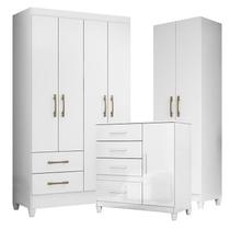 Guarda Roupa Solteiro Chile com Cômoda Vênus com pés e Armário Multiuso New Íris Branco Brilho Moval